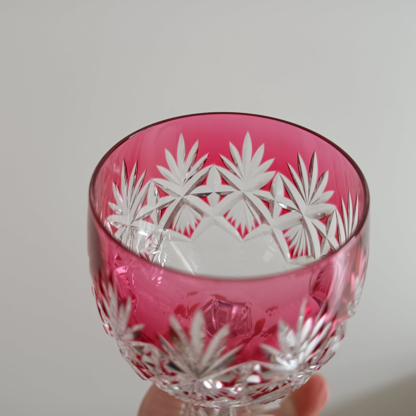 Art Deco English Cut Crystal Wine Glasses: 5 Strawberry Pink, Walsh Walsh, Birmingham 1930s