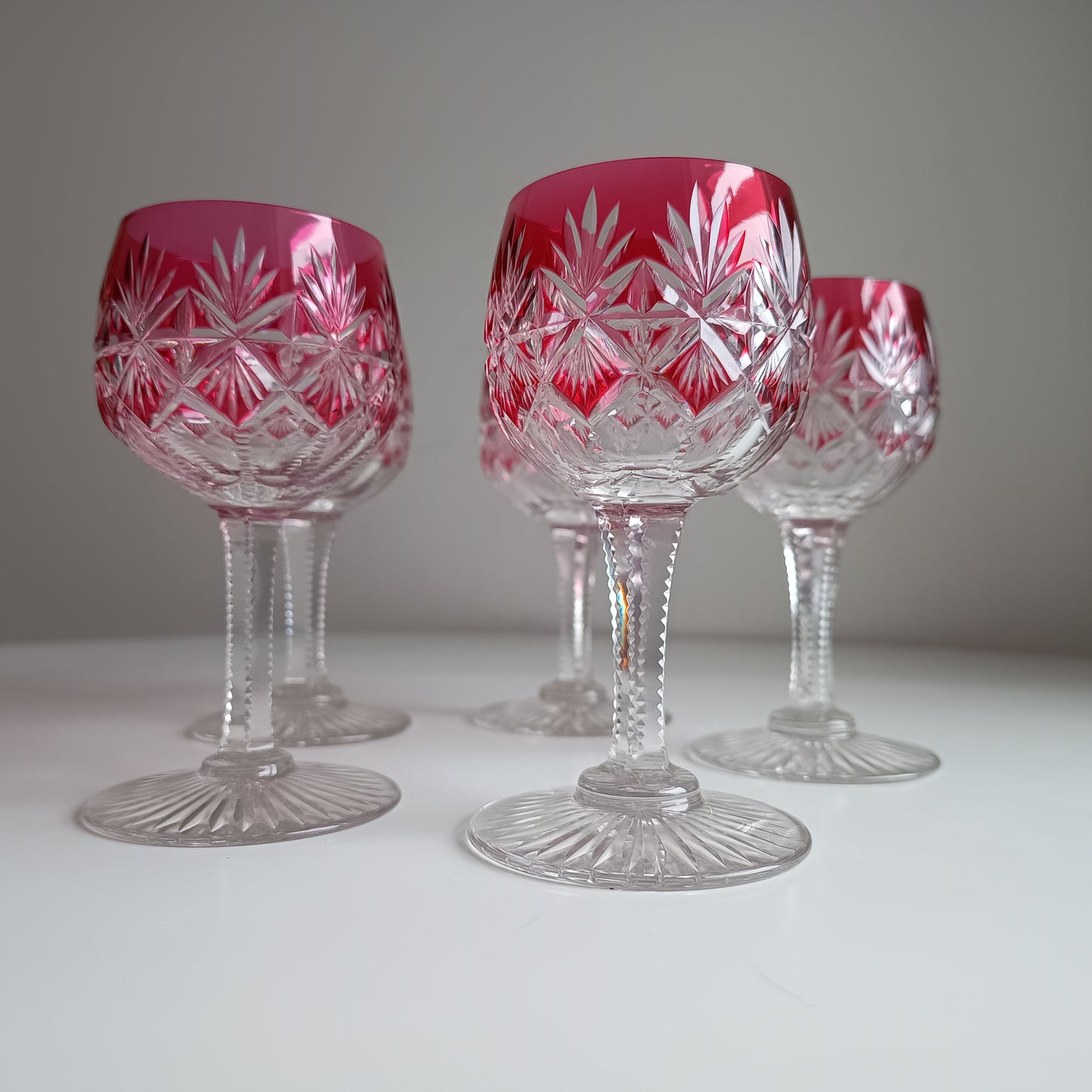 Art Deco English Cut Crystal Wine Glasses: 5 Strawberry Pink, Walsh Walsh, Birmingham 1930s