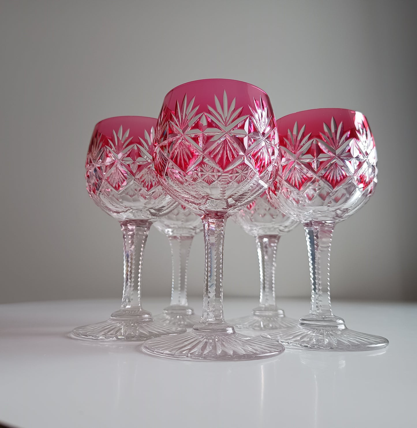 Art Deco English Cut Crystal Wine Glasses: 5 Strawberry Pink, Walsh Walsh, Birmingham 1930s