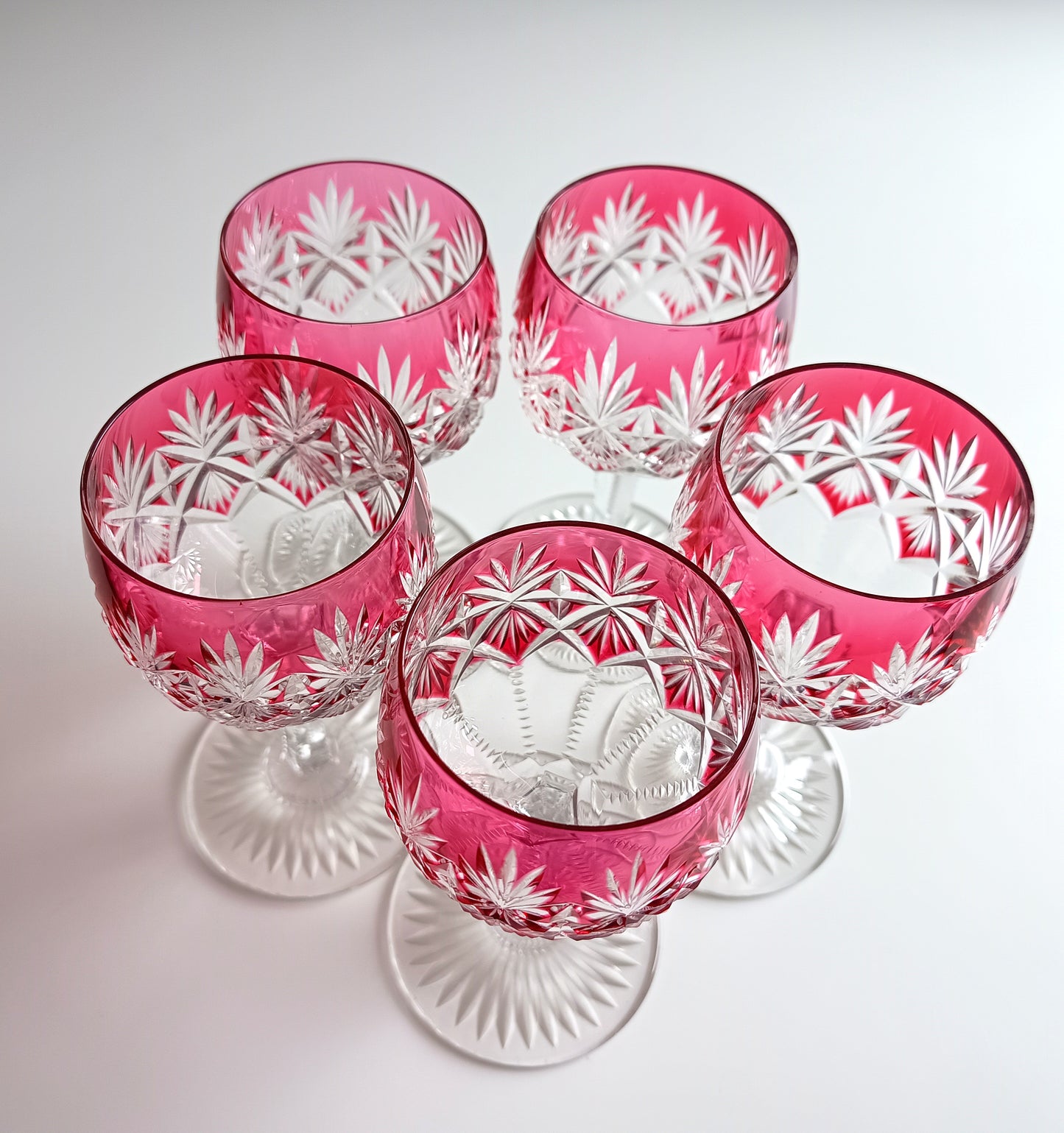 Art Deco English Cut Crystal Wine Glasses: 5 Strawberry Pink, Walsh Walsh, Birmingham 1930s