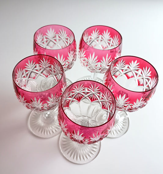Art Deco English Cut Crystal Wine Glasses: 5 Strawberry Pink, Walsh Walsh, Birmingham 1930s