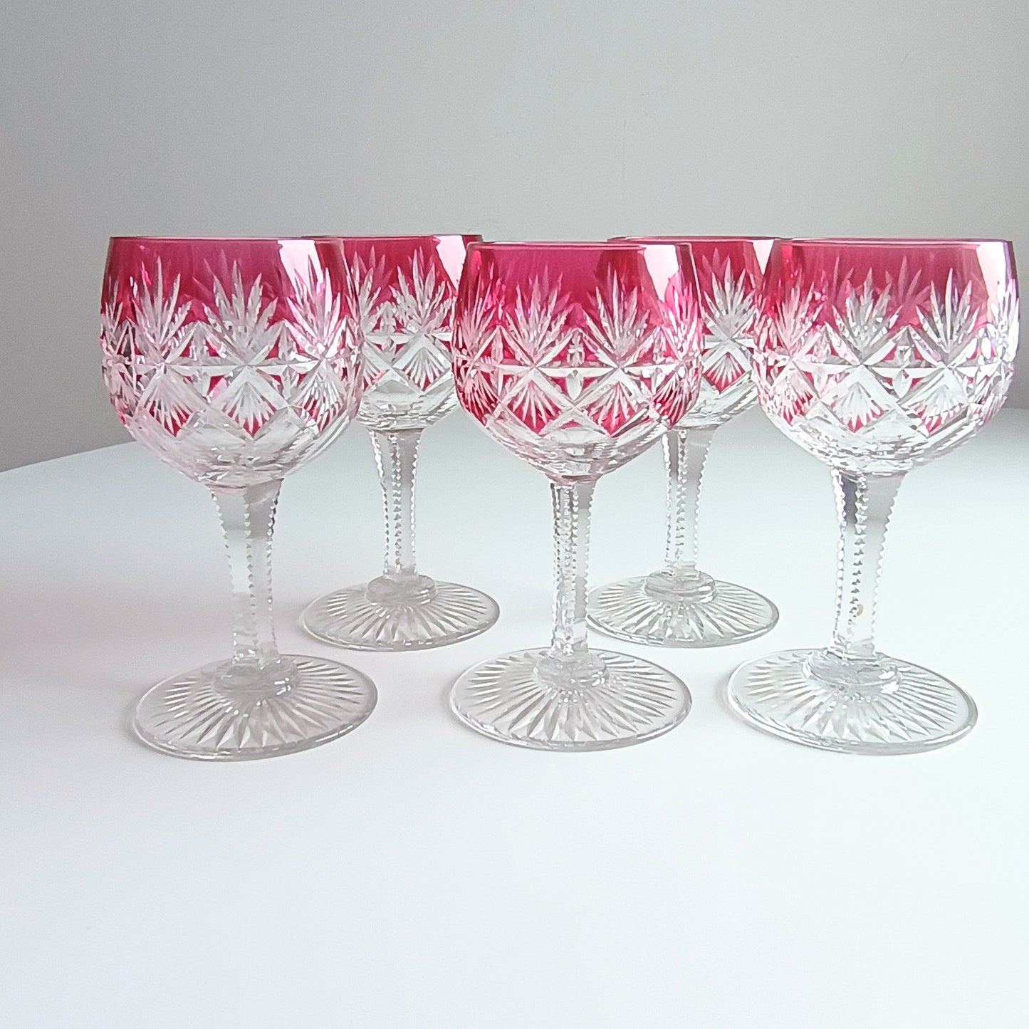 Art Deco English Cut Crystal Wine Glasses: 5 Strawberry Pink, Walsh Walsh, Birmingham 1930s