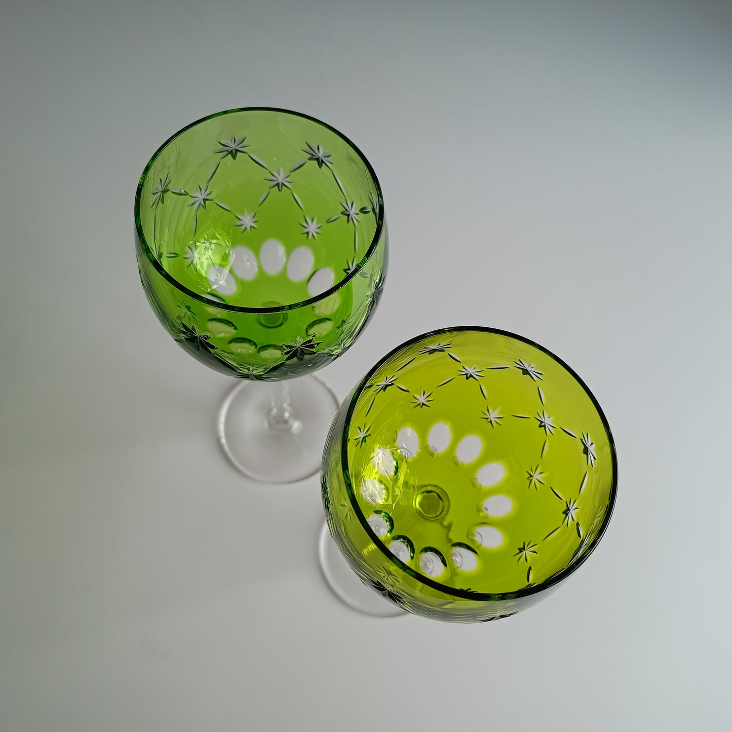 Vintage Pair of Signed Nachtmann Cut-to-Clear Crystal Wine Glasses: Reseda Chartreuse Green