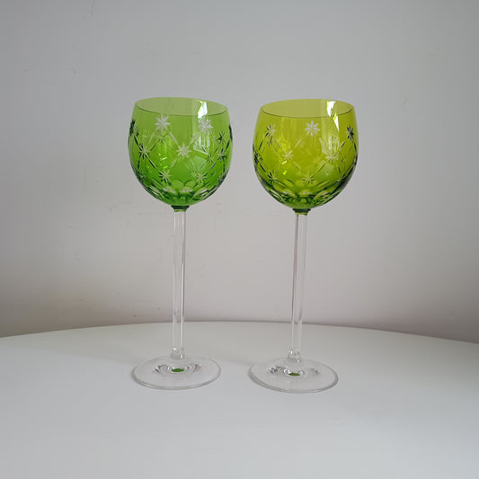 Vintage Pair of Signed Nachtmann Cut-to-Clear Crystal Wine Glasses: Reseda Chartreuse Green