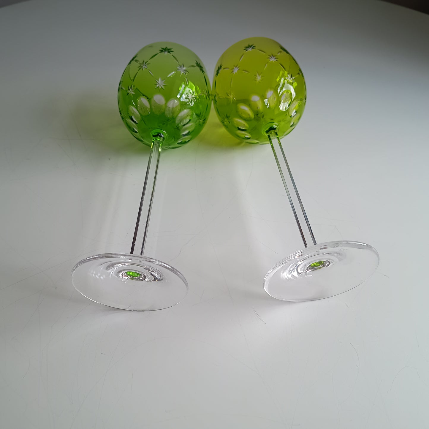 Vintage Pair of Signed Nachtmann Cut-to-Clear Crystal Wine Glasses: Reseda Chartreuse Green