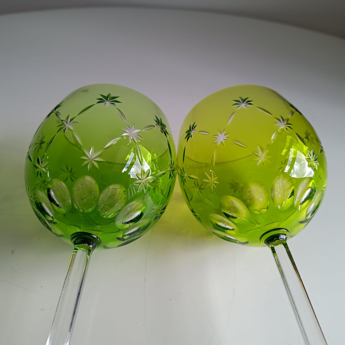 Vintage Pair of Signed Nachtmann Cut-to-Clear Crystal Wine Glasses: Reseda Chartreuse Green