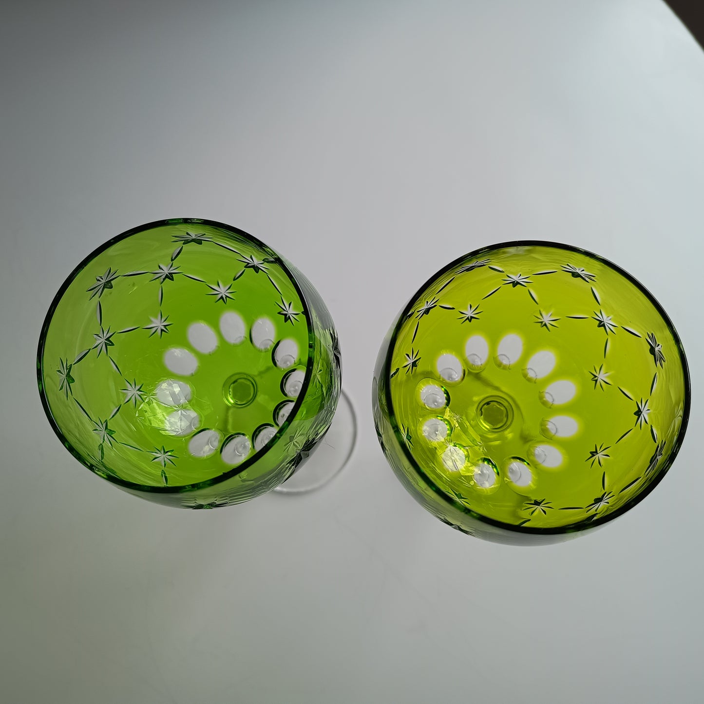 Vintage Pair of Signed Nachtmann Cut-to-Clear Crystal Wine Glasses: Reseda Chartreuse Green