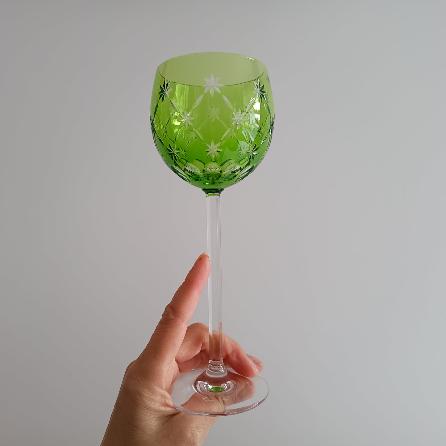 Vintage Pair of Signed Nachtmann Cut-to-Clear Crystal Wine Glasses: Reseda Chartreuse Green