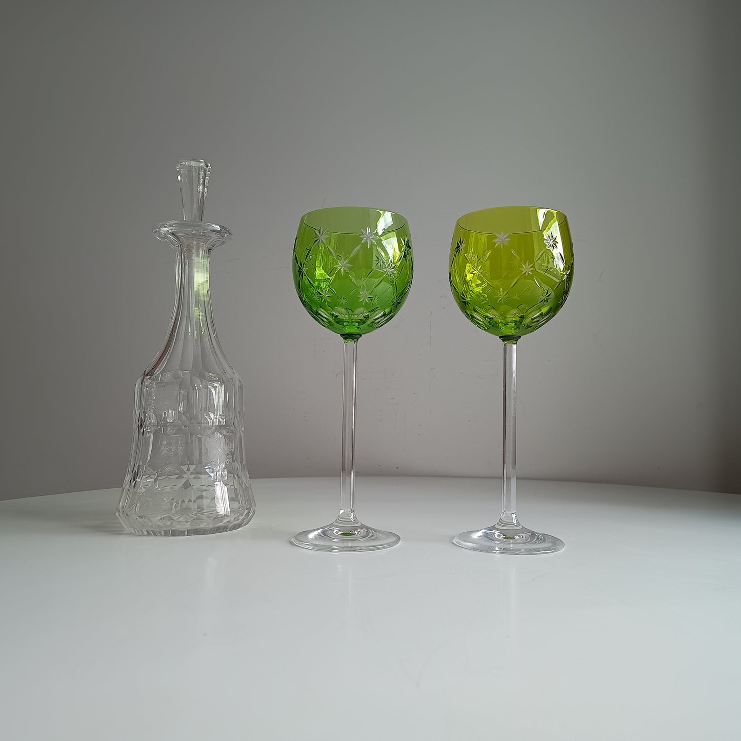 Vintage Pair of Signed Nachtmann Cut-to-Clear Crystal Wine Glasses: Reseda Chartreuse Green