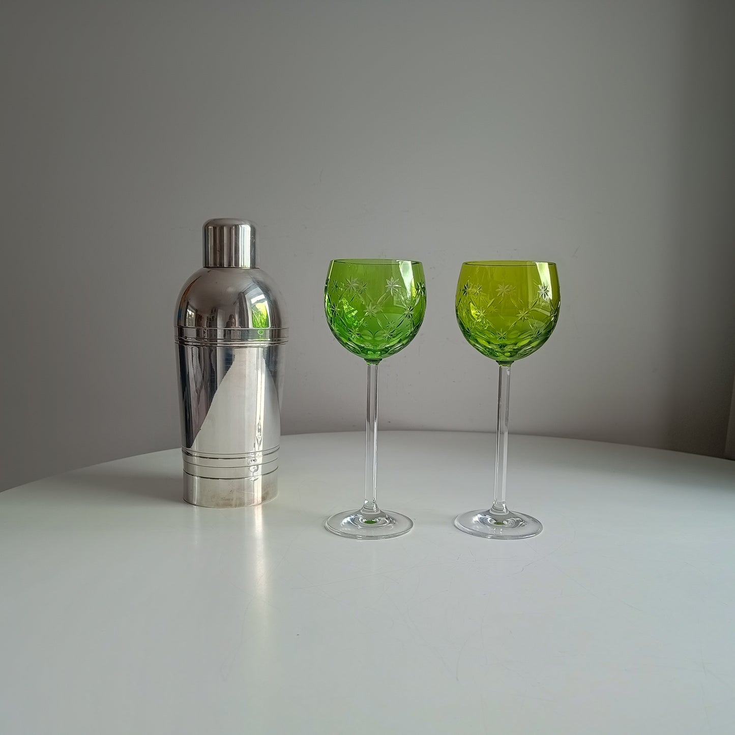 Vintage Pair of Signed Nachtmann Cut-to-Clear Crystal Wine Glasses: Reseda Chartreuse Green