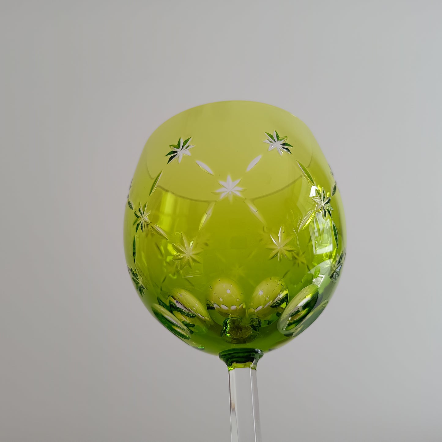 Vintage Pair of Signed Nachtmann Cut-to-Clear Crystal Wine Glasses: Reseda Chartreuse Green