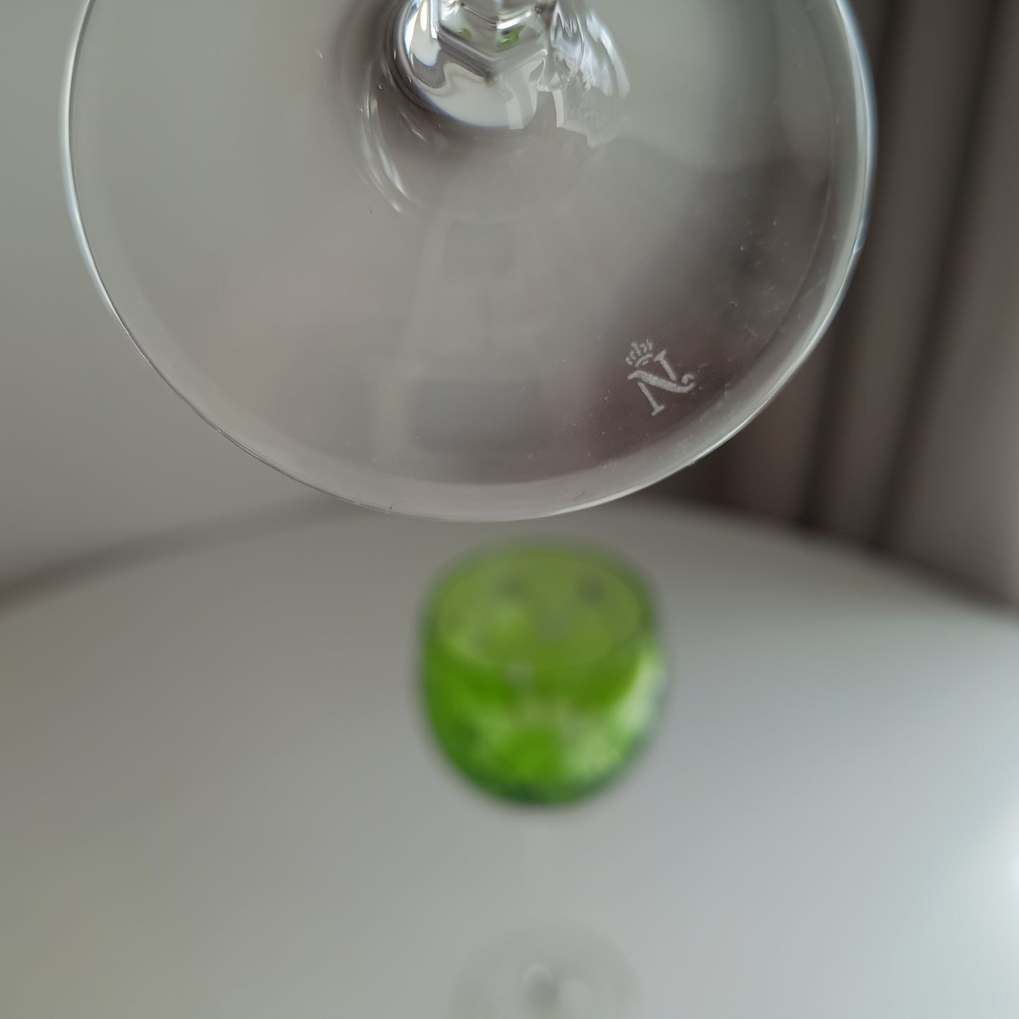 Vintage Pair of Signed Nachtmann Cut-to-Clear Crystal Wine Glasses: Reseda Chartreuse Green