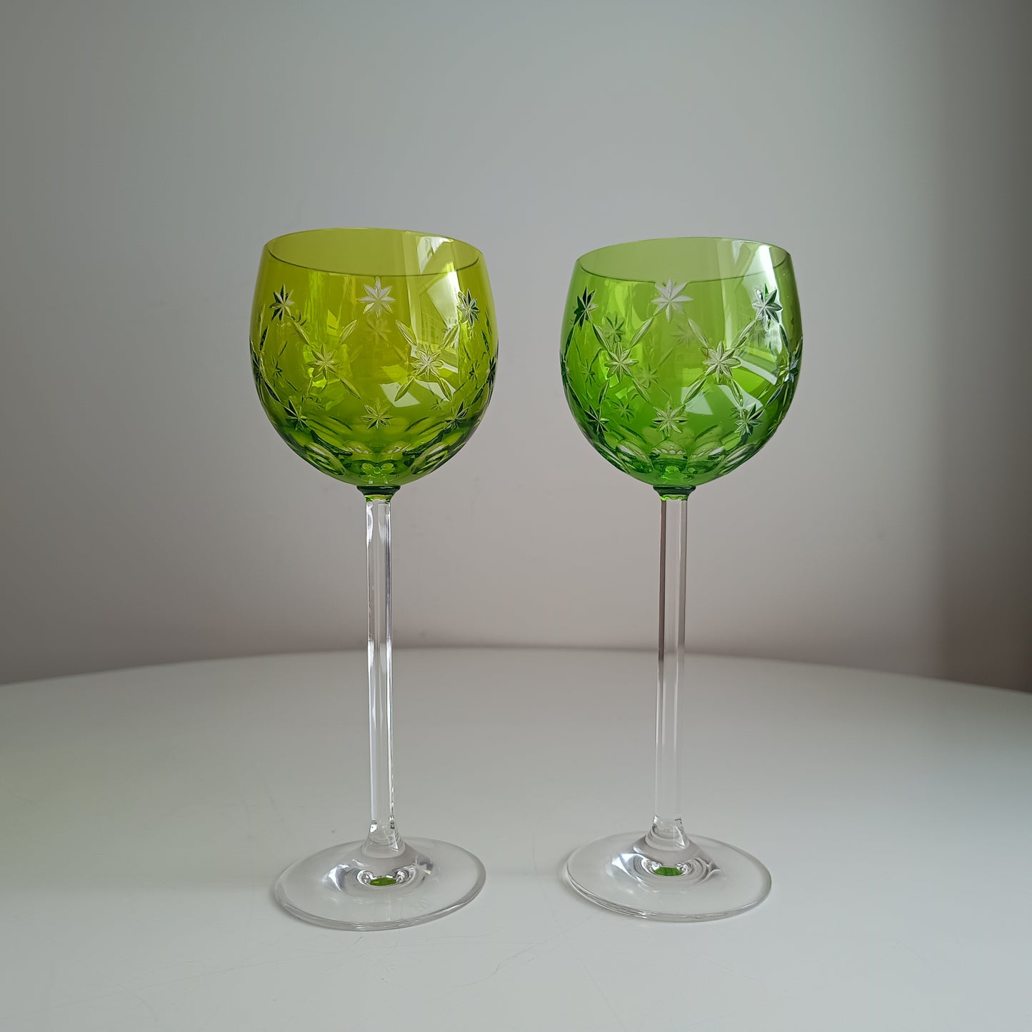 Vintage Pair of Signed Nachtmann Cut-to-Clear Crystal Wine Glasses: Reseda Chartreuse Green