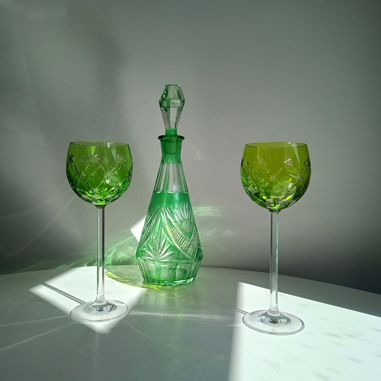 Vintage Pair of Signed Nachtmann Cut-to-Clear Crystal Wine Glasses: Reseda Chartreuse Green