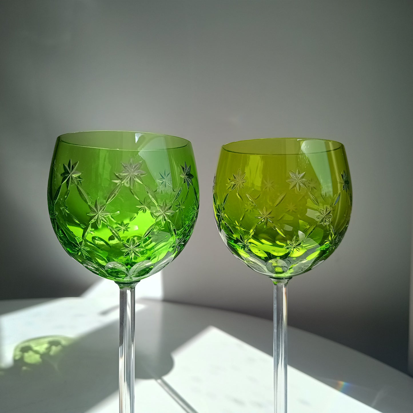 Vintage Pair of Signed Nachtmann Cut-to-Clear Crystal Wine Glasses: Reseda Chartreuse Green