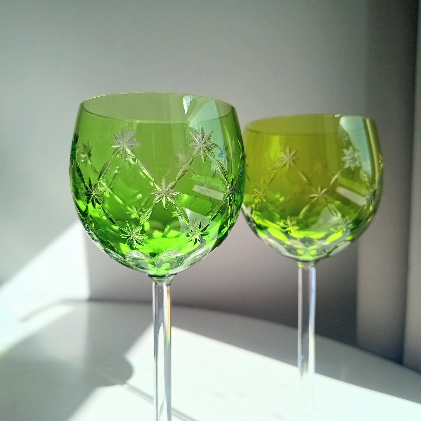 Vintage Pair of Signed Nachtmann Cut-to-Clear Crystal Wine Glasses: Reseda Chartreuse Green