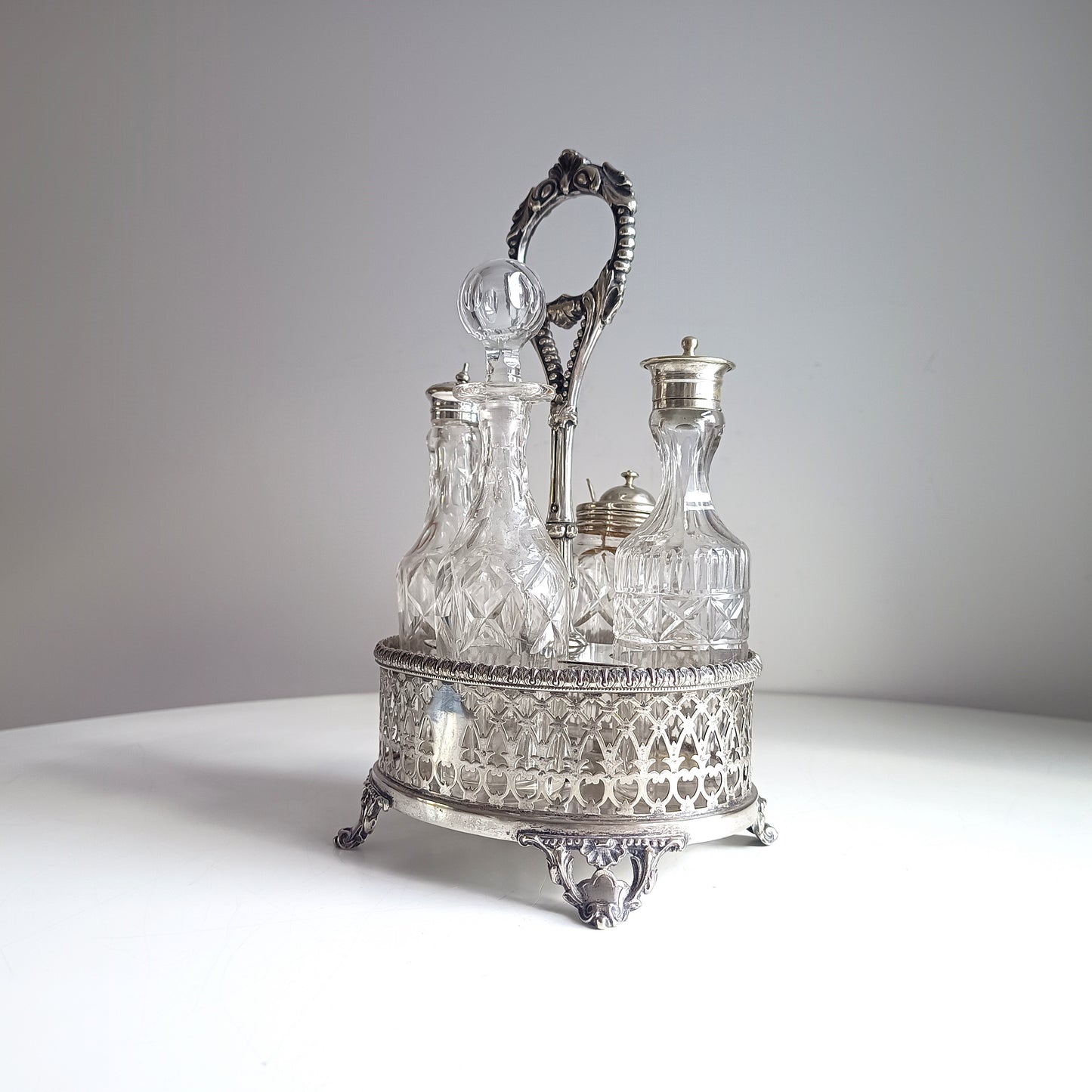 Antique English Silver Plate Cruet Stand & 4 Cut Glass Condiment Bottles, Belle Epoque