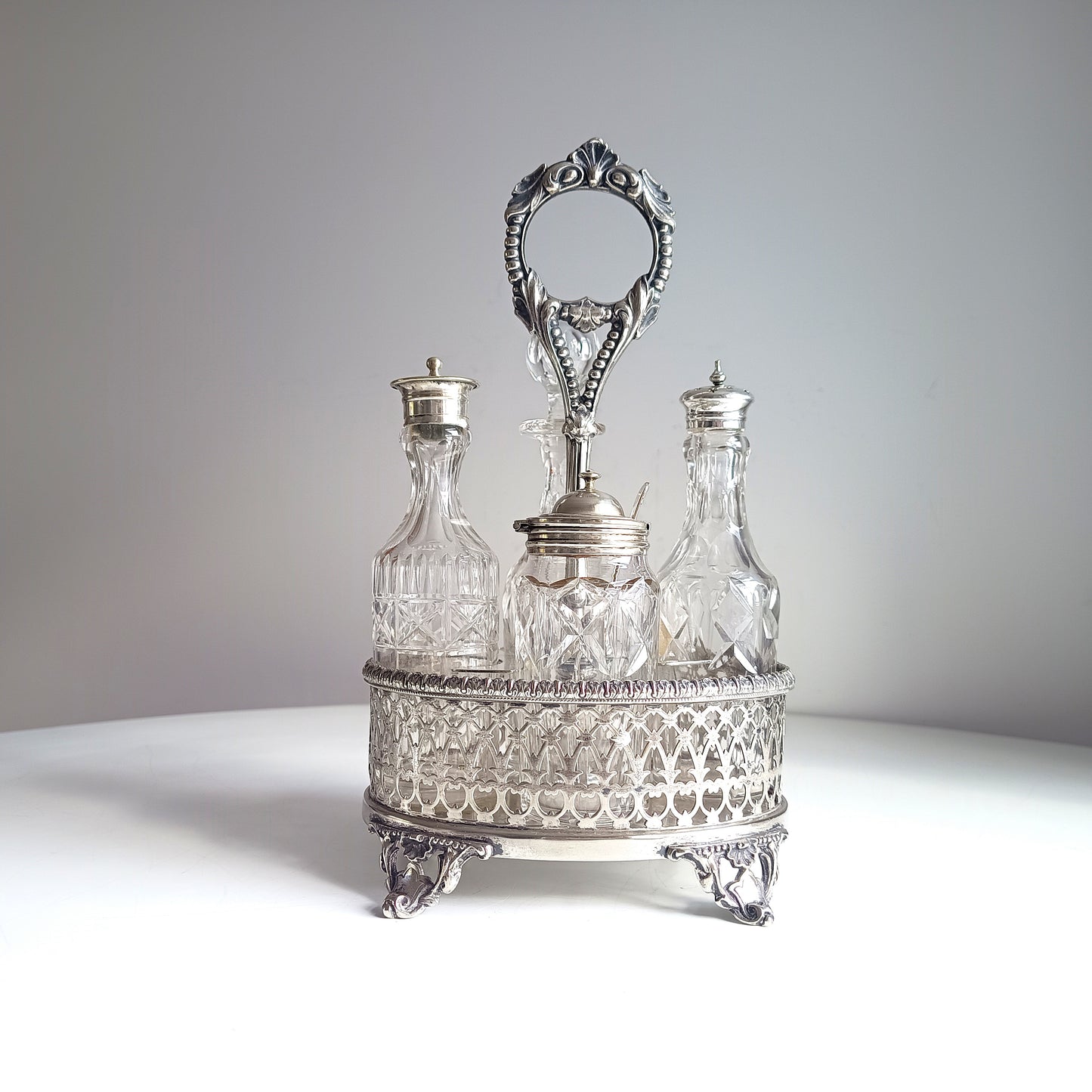 Antique English Silver Plate Cruet Stand & 4 Cut Glass Condiment Bottles, Belle Epoque