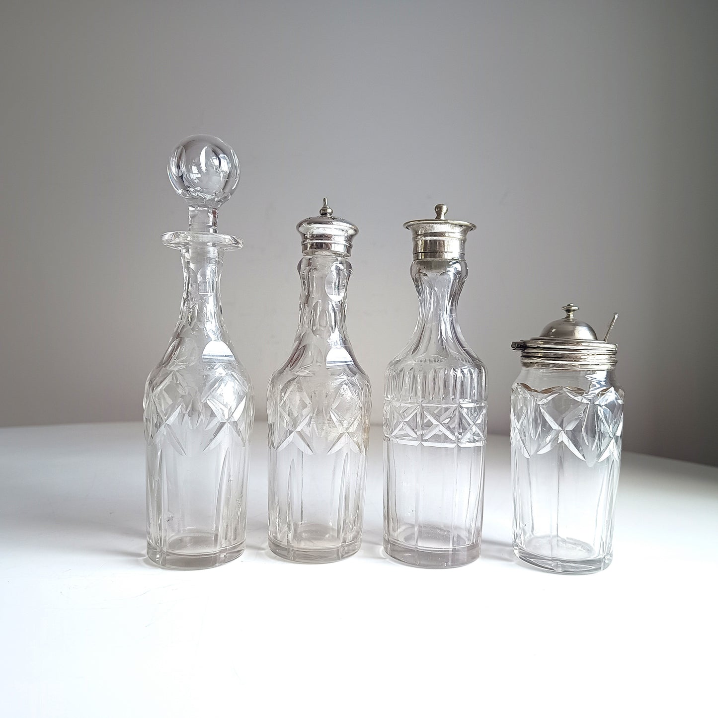 Antique English Silver Plate Cruet Stand & 4 Cut Glass Condiment Bottles, Belle Epoque
