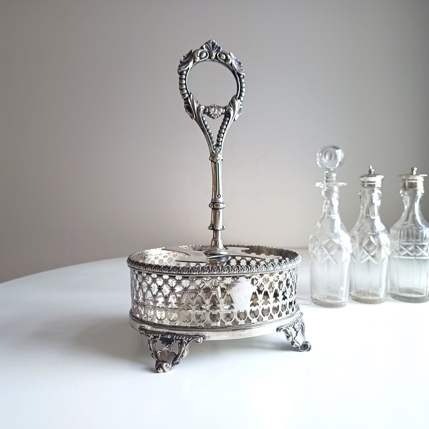 Antique English Silver Plate Cruet Stand & 4 Cut Glass Condiment Bottles, Belle Epoque