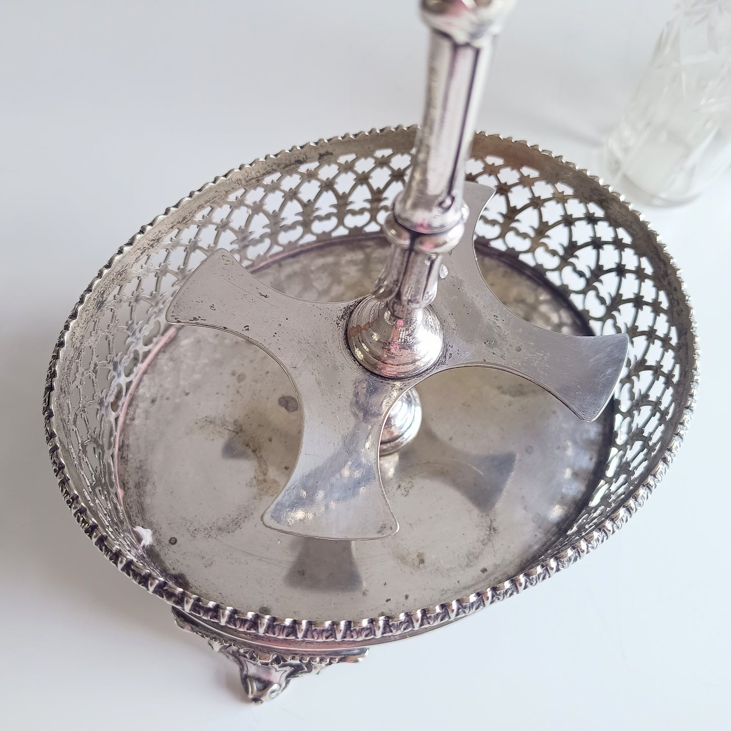 Antique English Silver Plate Cruet Stand & 4 Cut Glass Condiment Bottles, Belle Epoque