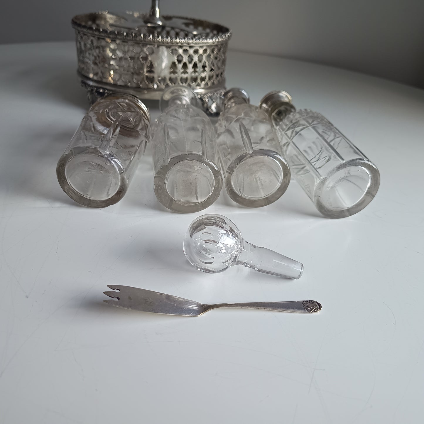 Antique English Silver Plate Cruet Stand & 4 Cut Glass Condiment Bottles, Belle Epoque