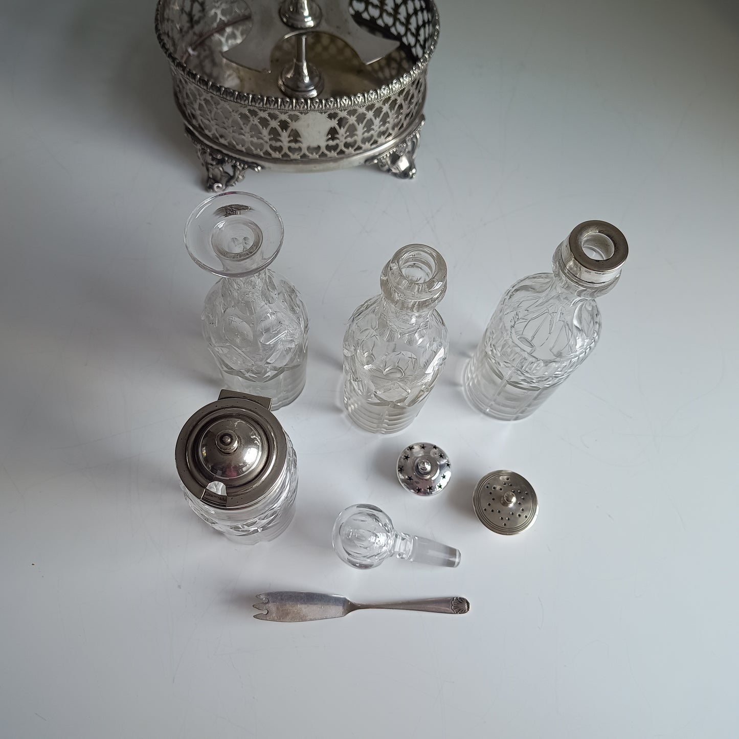 Antique English Silver Plate Cruet Stand & 4 Cut Glass Condiment Bottles, Belle Epoque