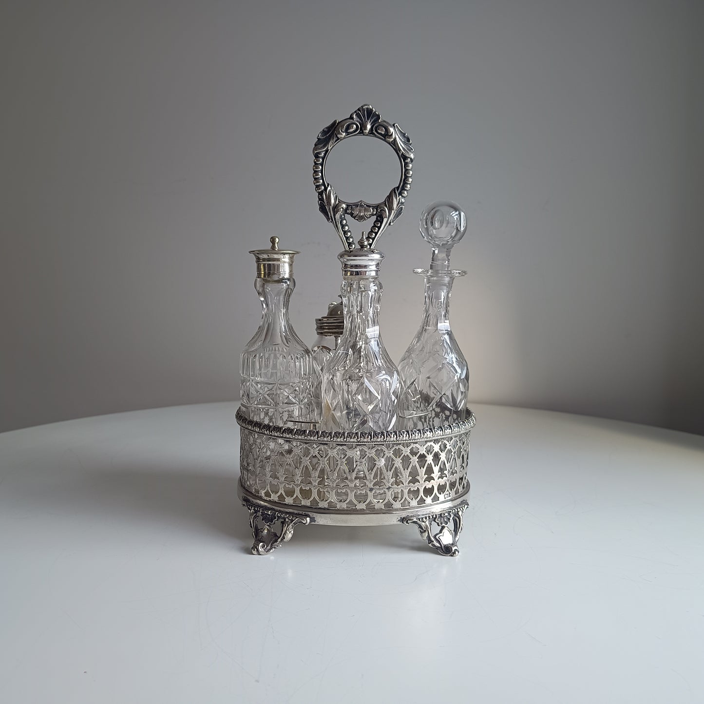 Antique English Silver Plate Cruet Stand & 4 Cut Glass Condiment Bottles, Belle Epoque