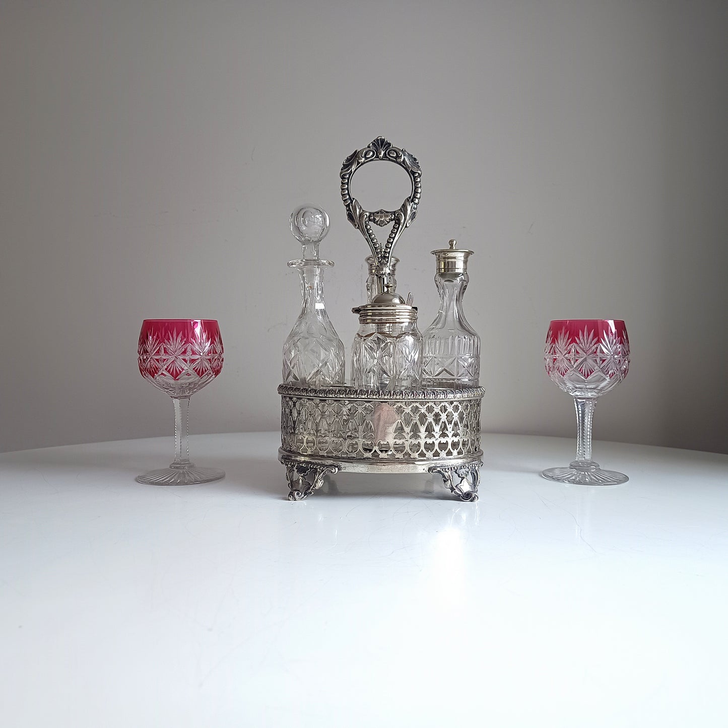 Antique English Silver Plate Cruet Stand & 4 Cut Glass Condiment Bottles, Belle Epoque
