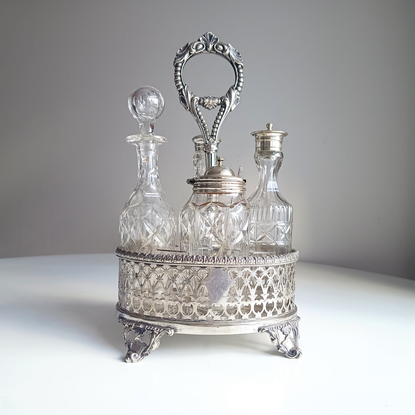 Antique English Silver Plate Cruet Stand & 4 Cut Glass Condiment Bottles, Belle Epoque