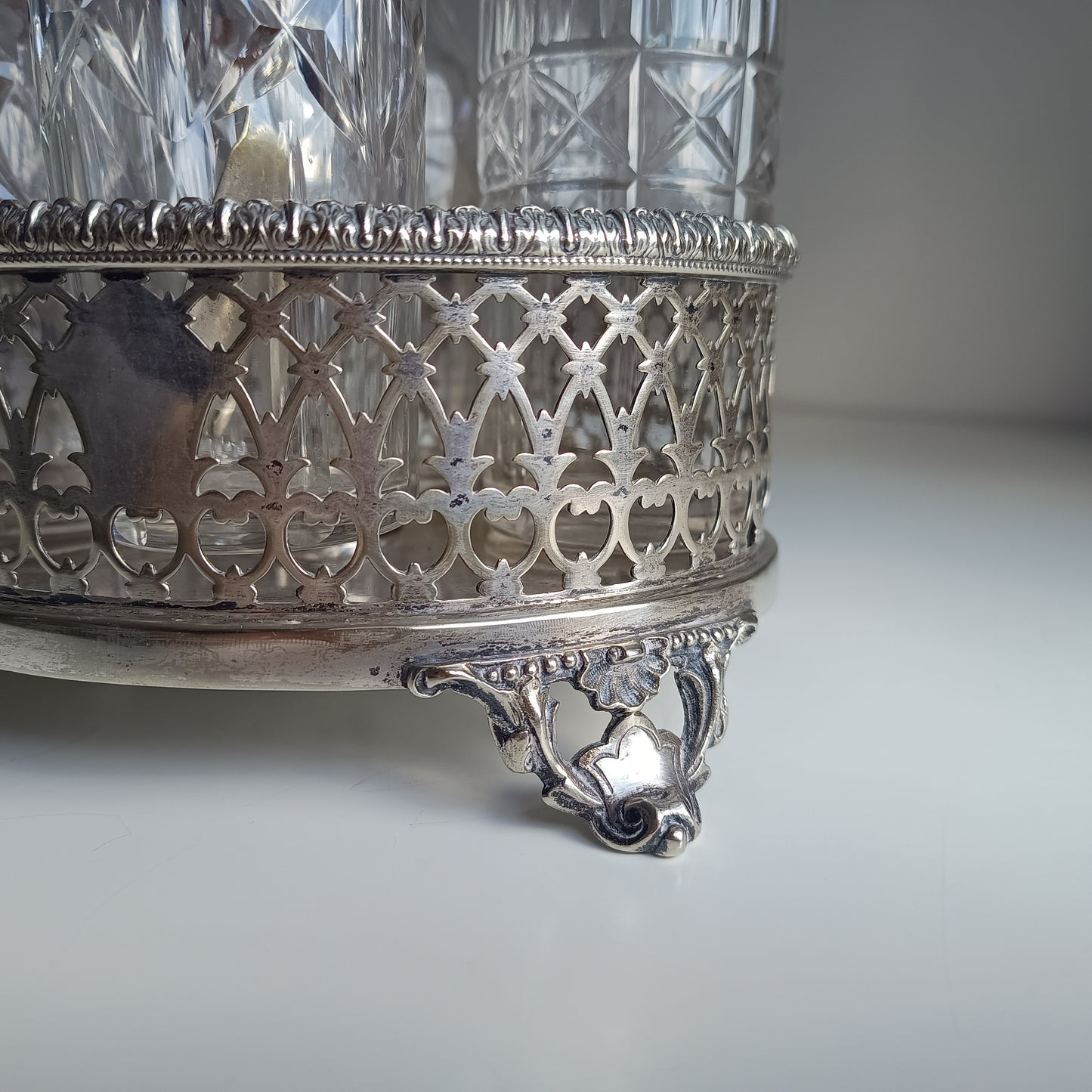 Antique English Silver Plate Cruet Stand & 4 Cut Glass Condiment Bottles, Belle Epoque