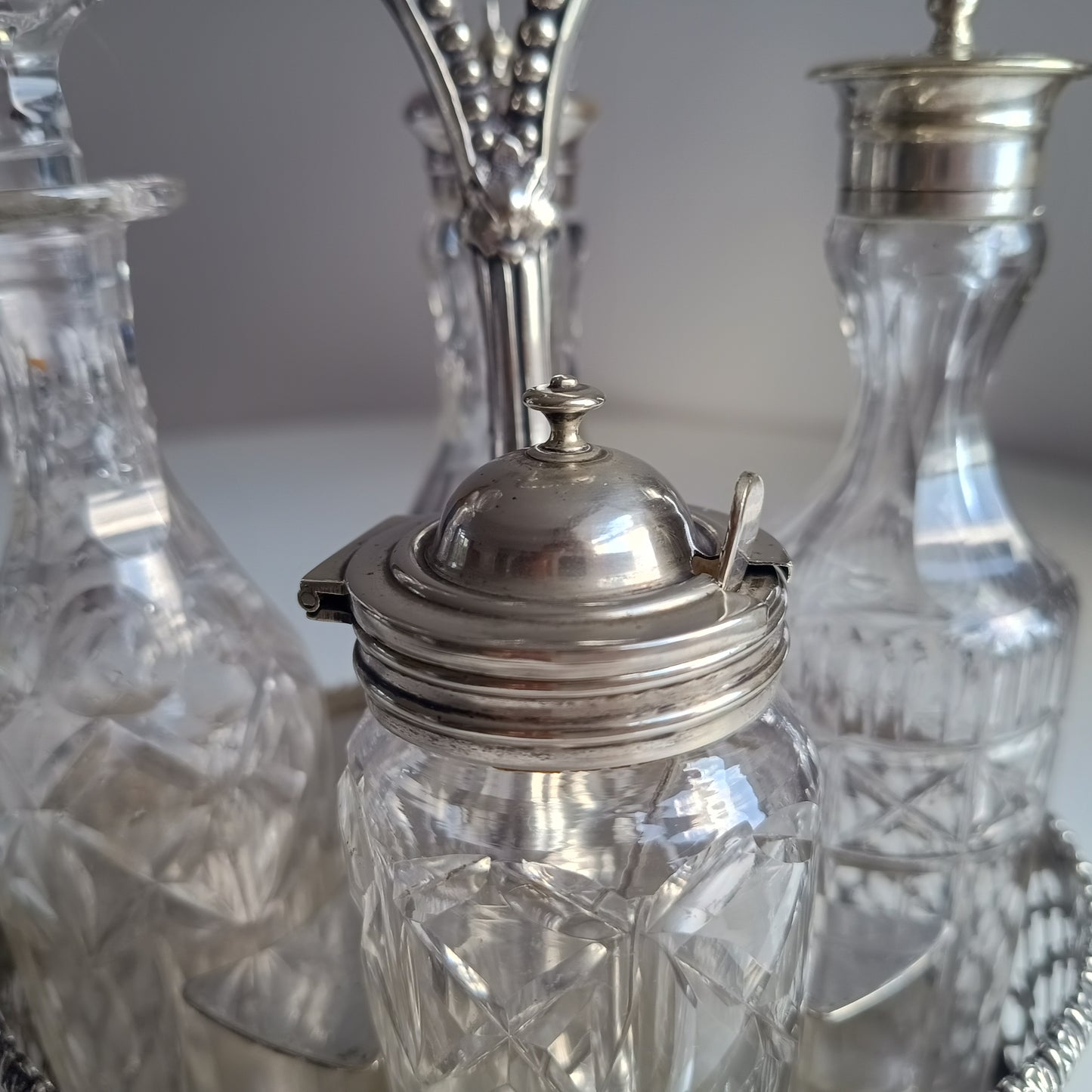 Antique English Silver Plate Cruet Stand & 4 Cut Glass Condiment Bottles, Belle Epoque