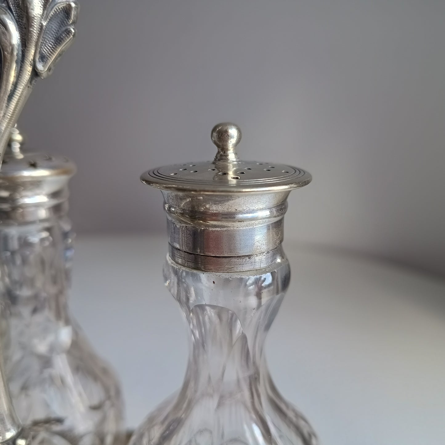 Antique English Silver Plate Cruet Stand & 4 Cut Glass Condiment Bottles, Belle Epoque
