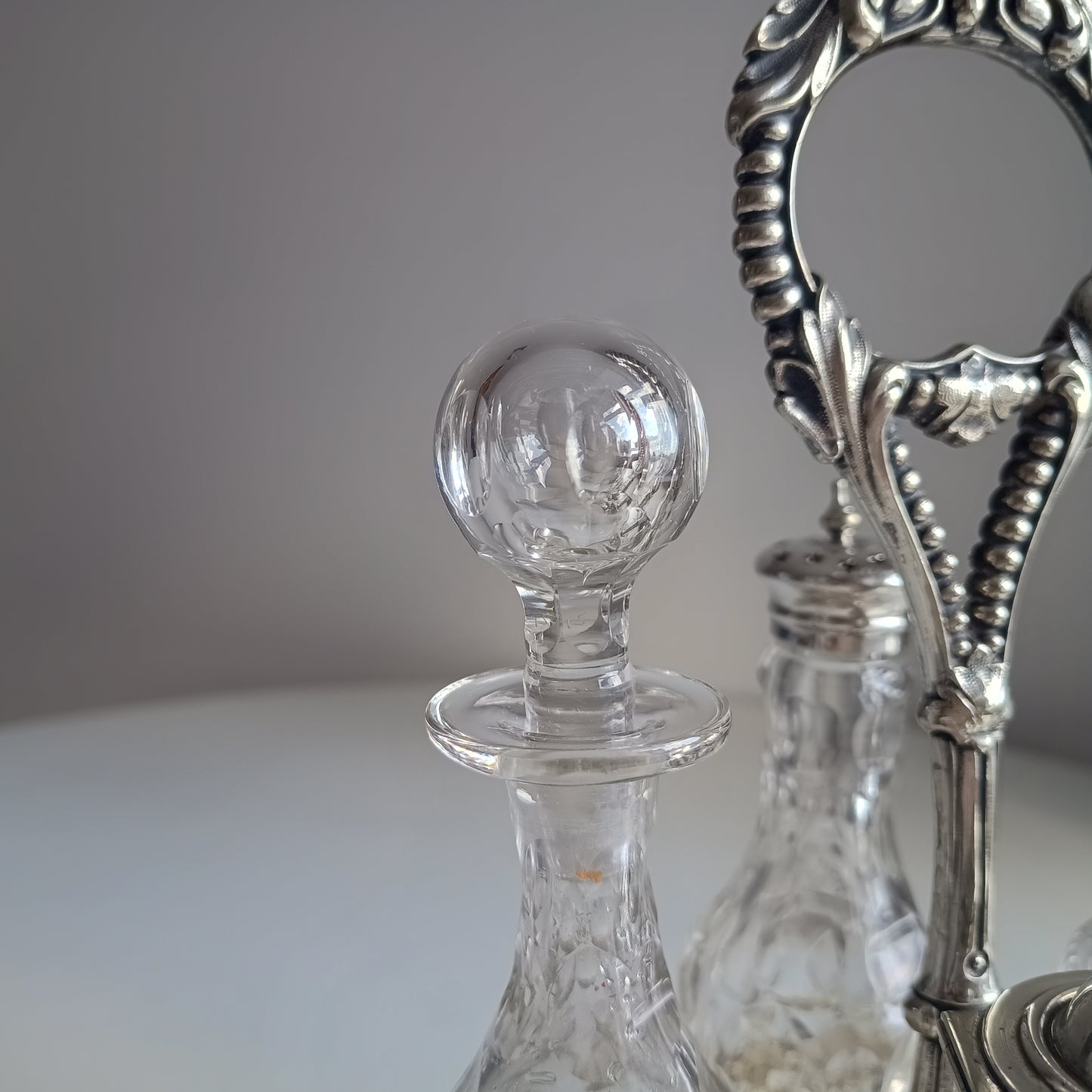 Antique English Silver Plate Cruet Stand & 4 Cut Glass Condiment Bottles, Belle Epoque