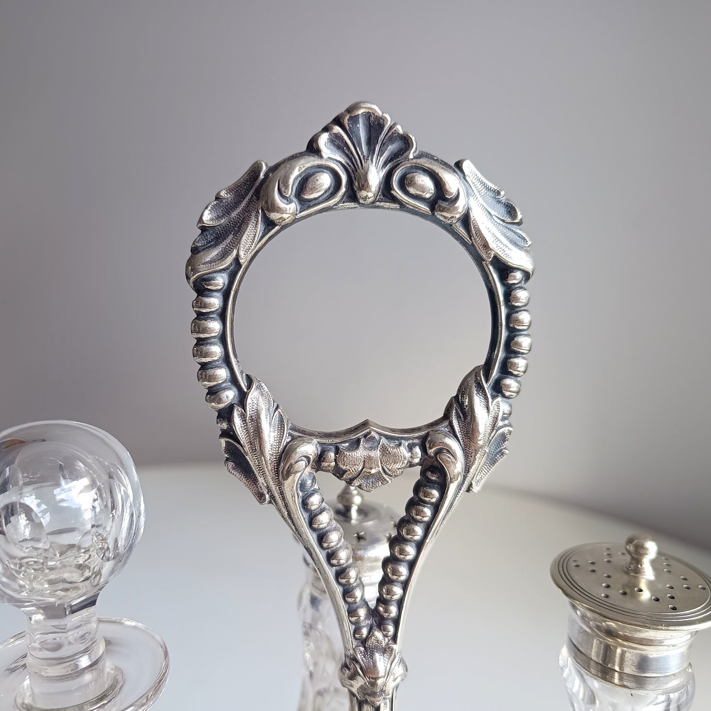 Antique English Silver Plate Cruet Stand & 4 Cut Glass Condiment Bottles, Belle Epoque
