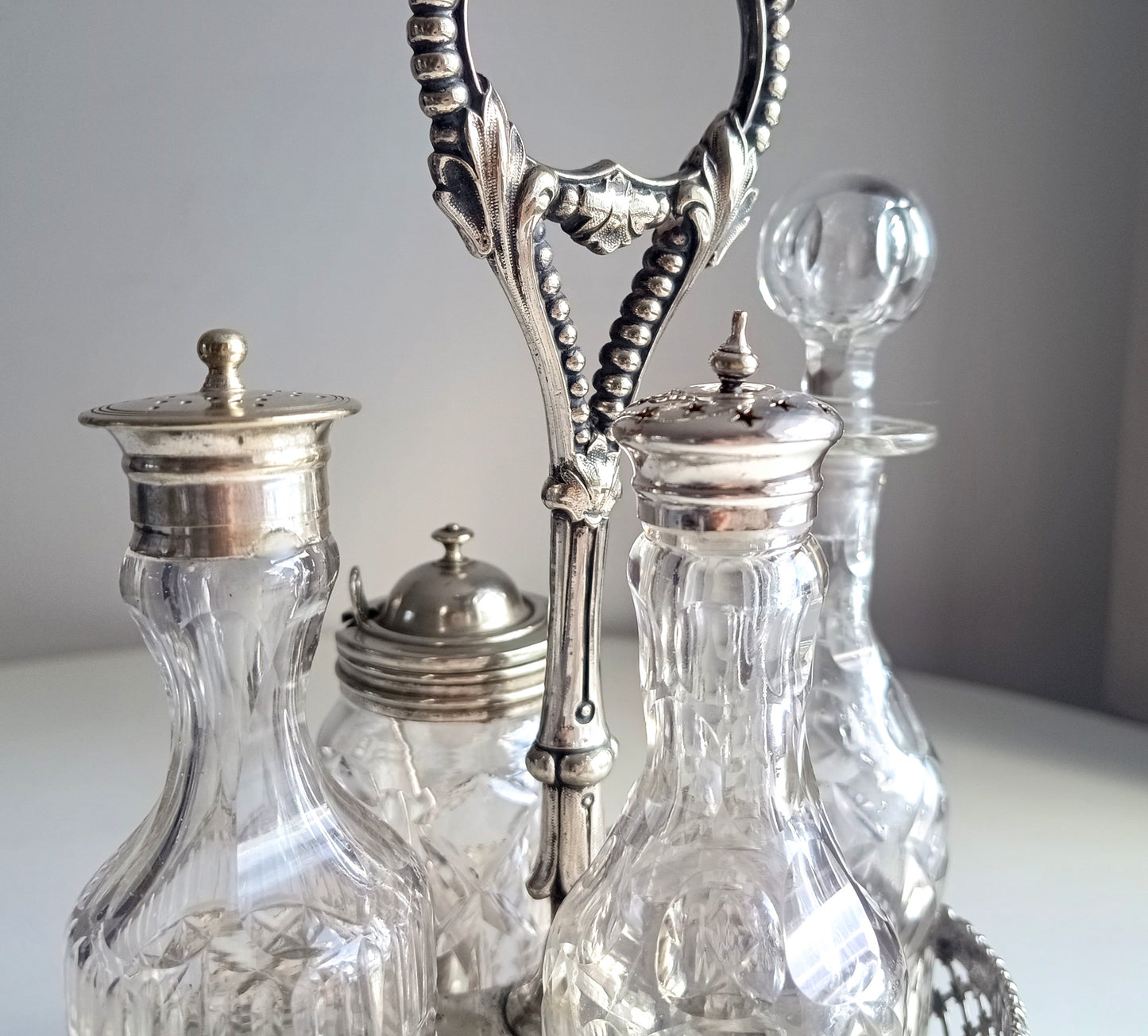 Antique English Silver Plate Cruet Stand & 4 Cut Glass Condiment Bottles, Belle Epoque