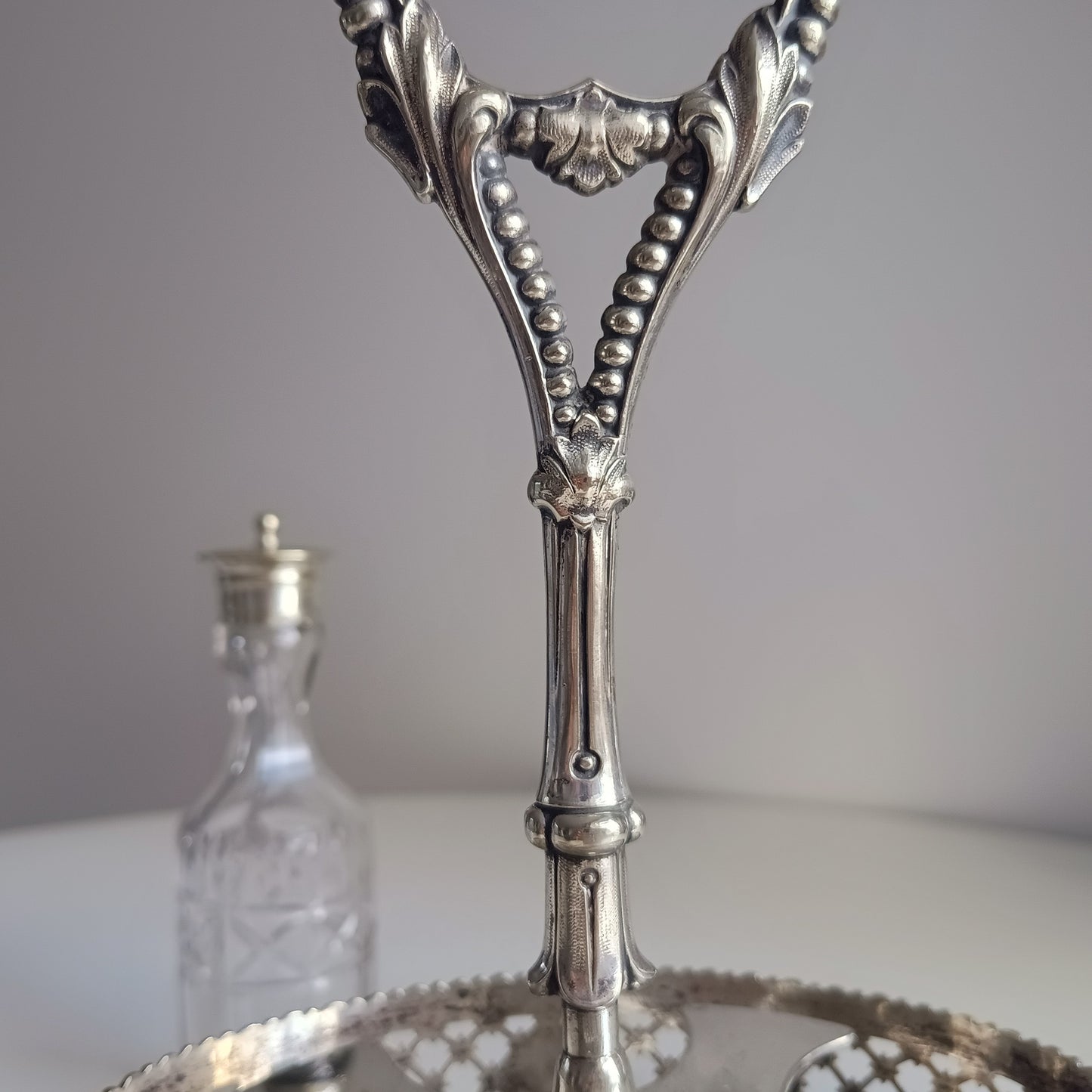 Antique English Silver Plate Cruet Stand & 4 Cut Glass Condiment Bottles, Belle Epoque