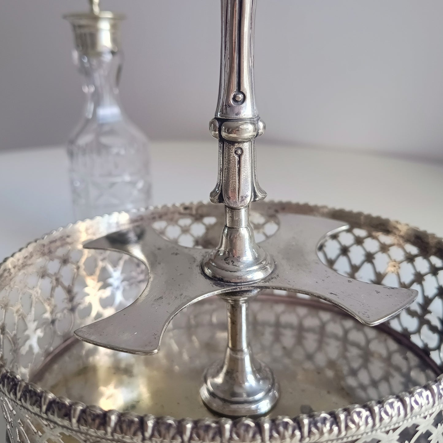 Antique English Silver Plate Cruet Stand & 4 Cut Glass Condiment Bottles, Belle Epoque