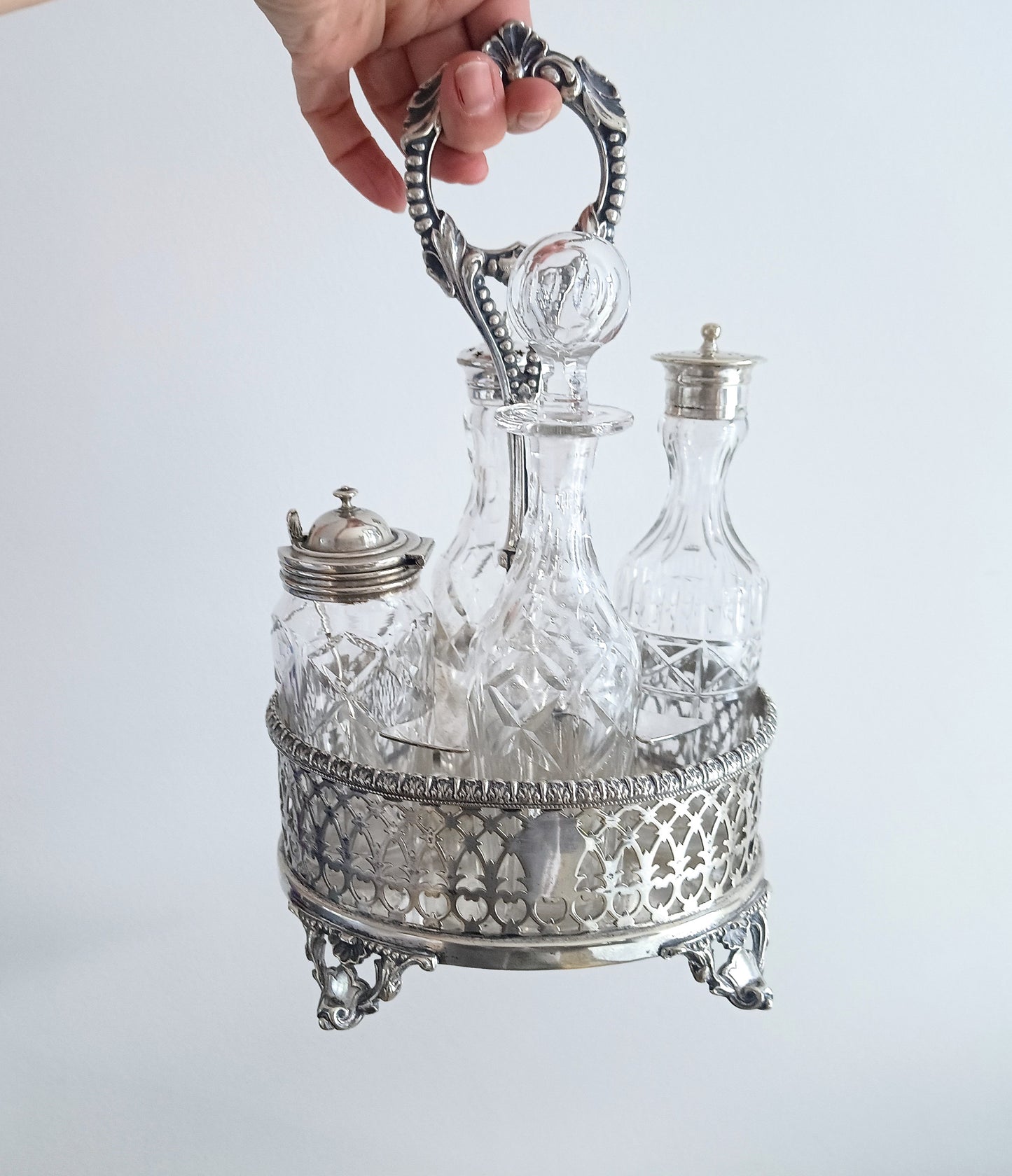 Antique English Silver Plate Cruet Stand & 4 Cut Glass Condiment Bottles, Belle Epoque