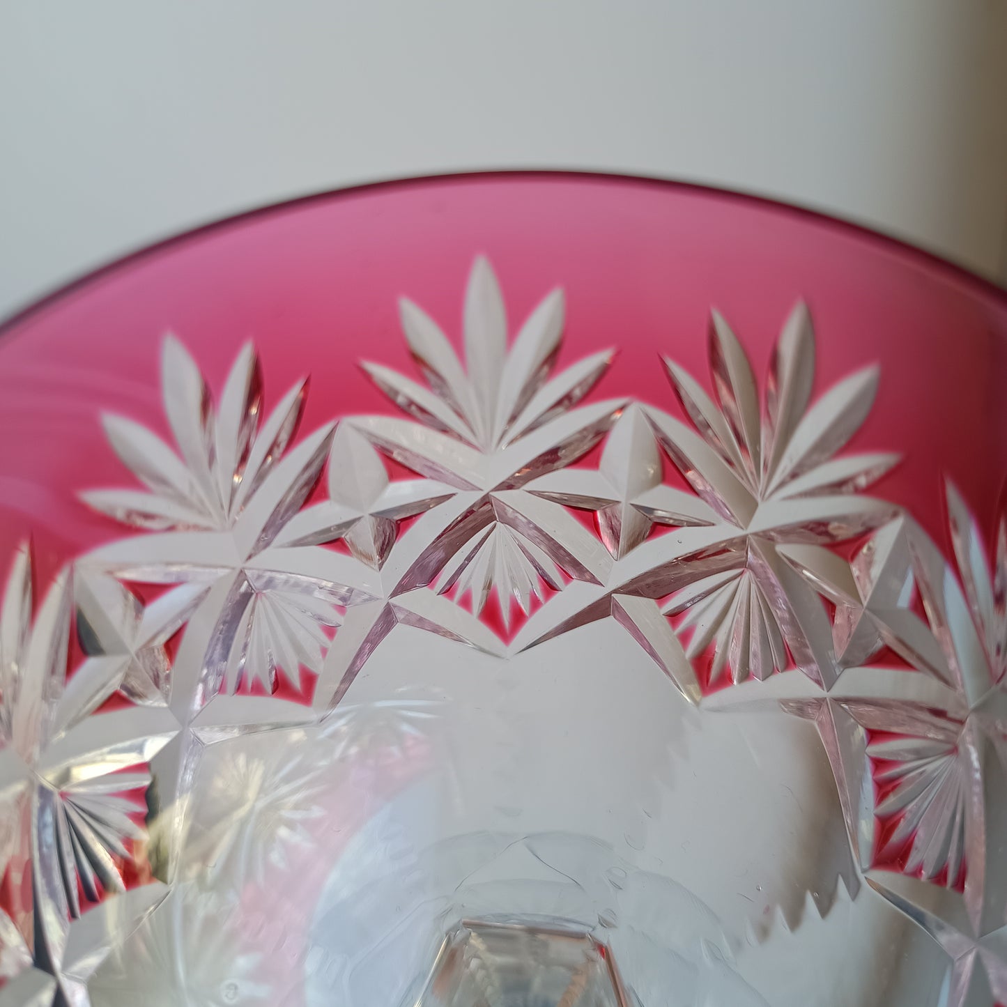 Art Deco English Cut Crystal Wine Glasses: 5 Strawberry Pink, Walsh Walsh, Birmingham 1930s
