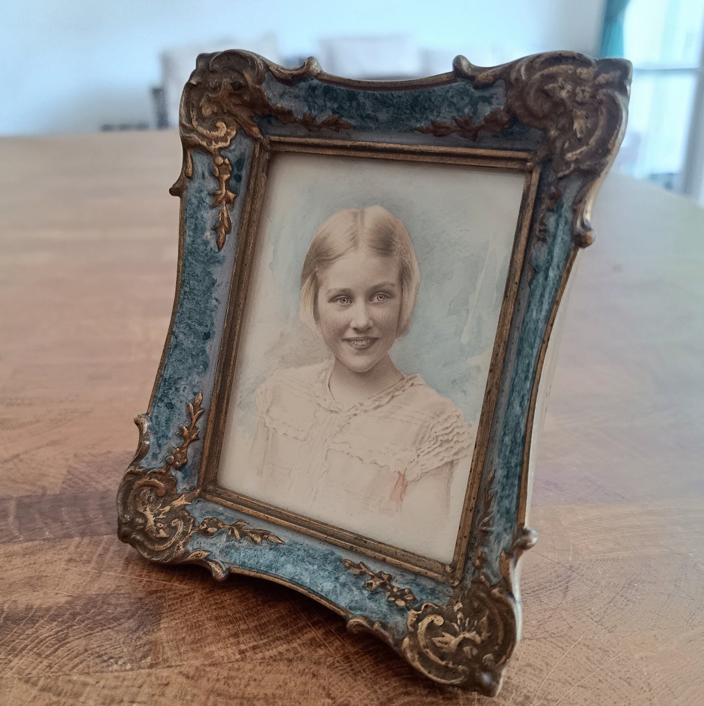 Antique Hand-Finished Pastel Miniature Portrait: Blond Girl, Turquoise Gilt Tabletop Frame