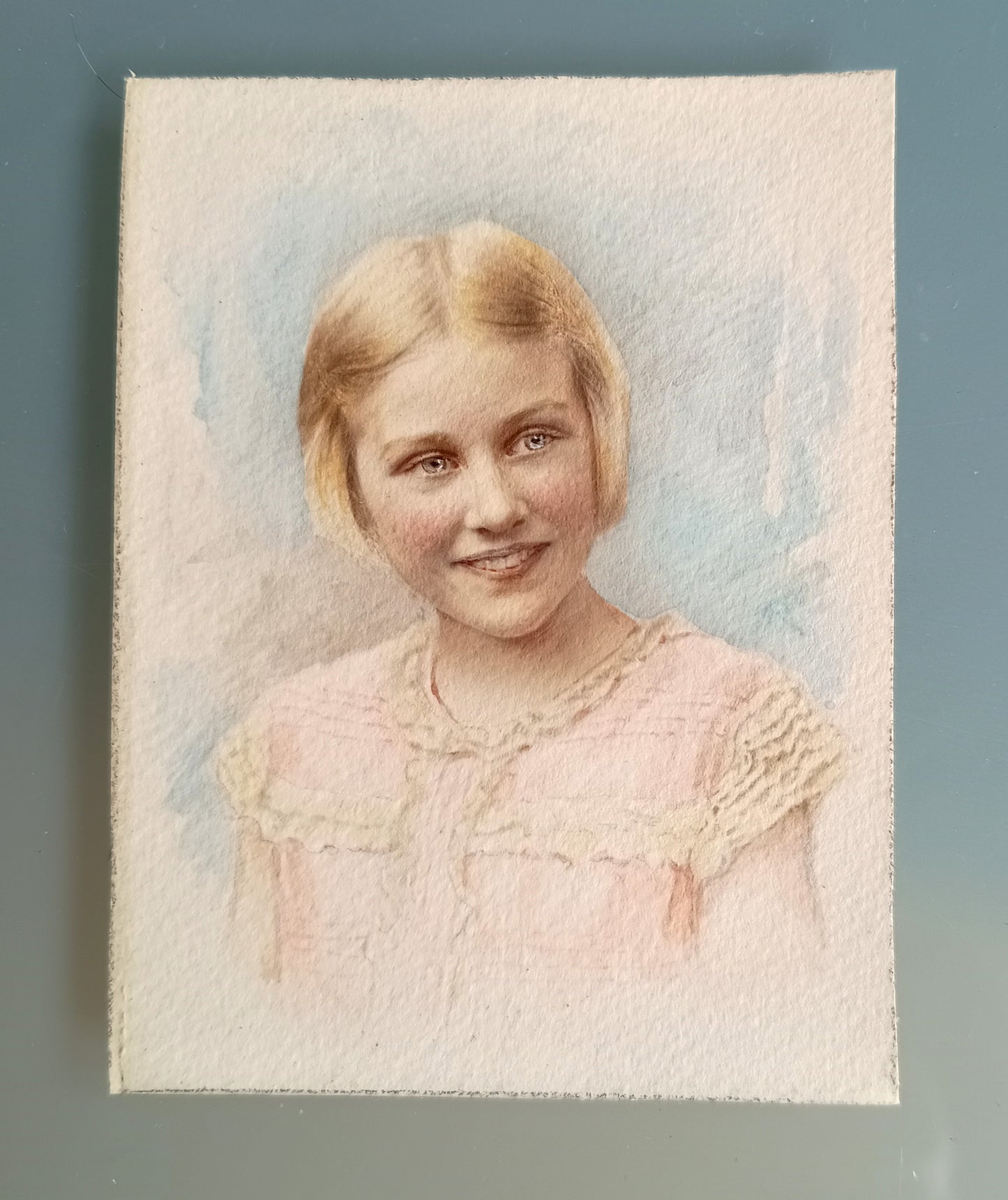 Antique Hand-Finished Pastel Miniature Portrait: Blond Girl, Turquoise Gilt Tabletop Frame