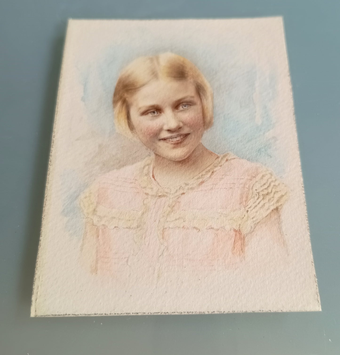 Antique Hand-Finished Pastel Miniature Portrait: Blond Girl, Turquoise Gilt Tabletop Frame