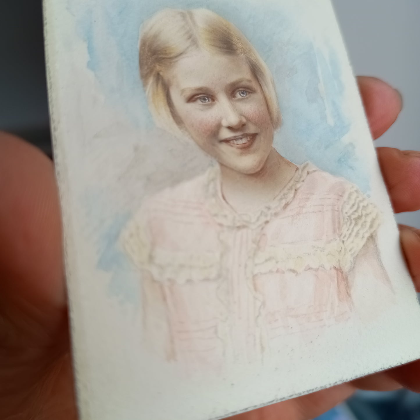 Antique Hand-Finished Pastel Miniature Portrait: Blond Girl, Turquoise Gilt Tabletop Frame