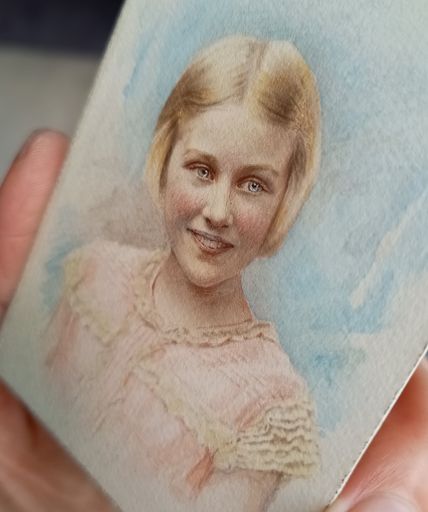 Antique Hand-Finished Pastel Miniature Portrait: Blond Girl, Turquoise Gilt Tabletop Frame