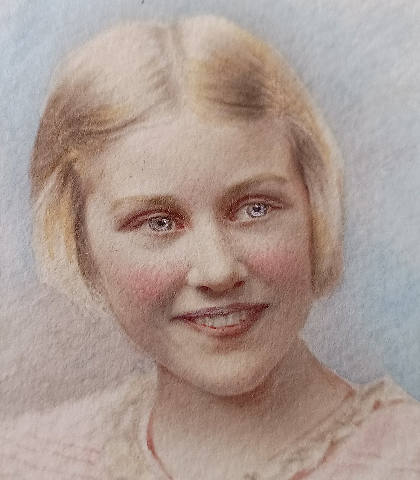 Antique Hand-Finished Pastel Miniature Portrait: Blond Girl, Turquoise Gilt Tabletop Frame