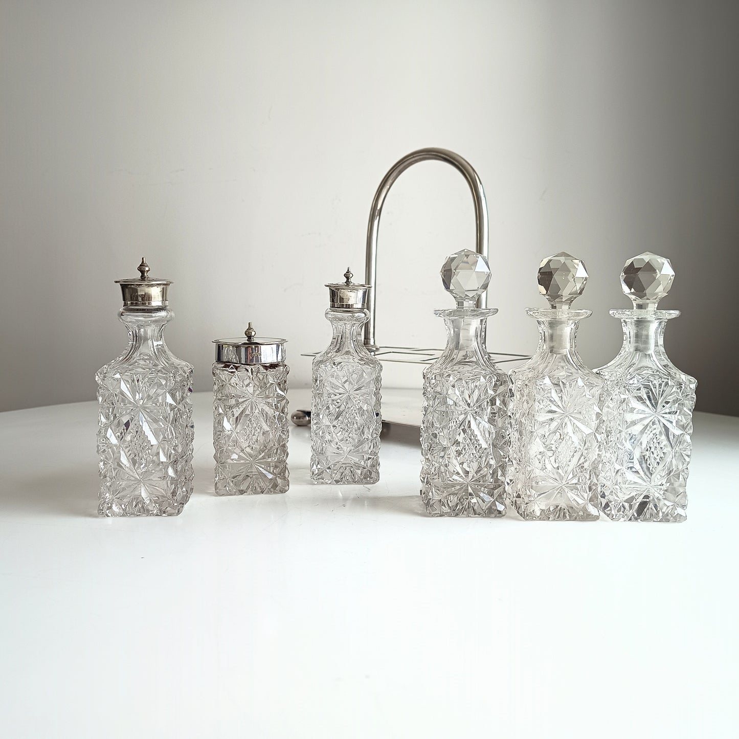 Victorian English Silver Plate Cruet Stand, Cut Glass Bottles Set: Briddon, Sheffield, 1880s
