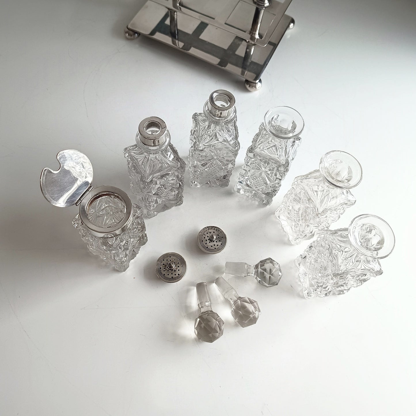 Victorian English Silver Plate Cruet Stand, Cut Glass Bottles Set: Briddon, Sheffield, 1880s