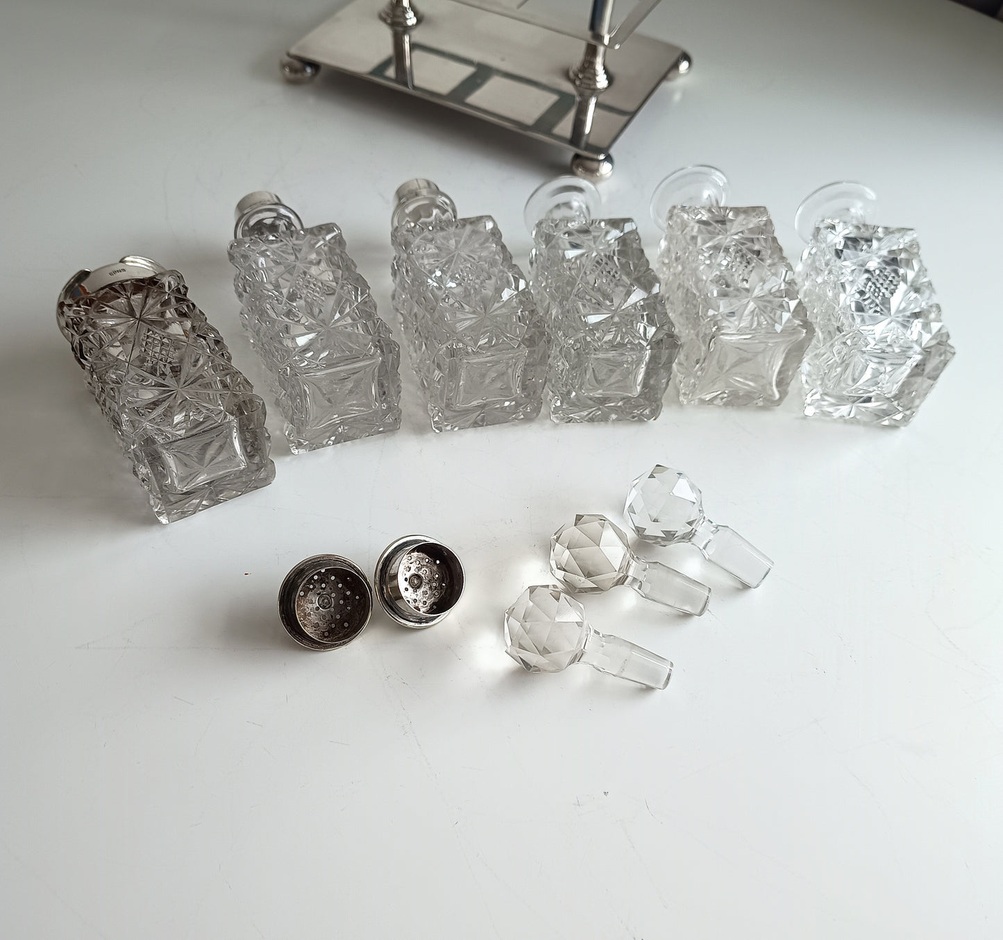 Victorian English Silver Plate Cruet Stand, Cut Glass Bottles Set: Briddon, Sheffield, 1880s