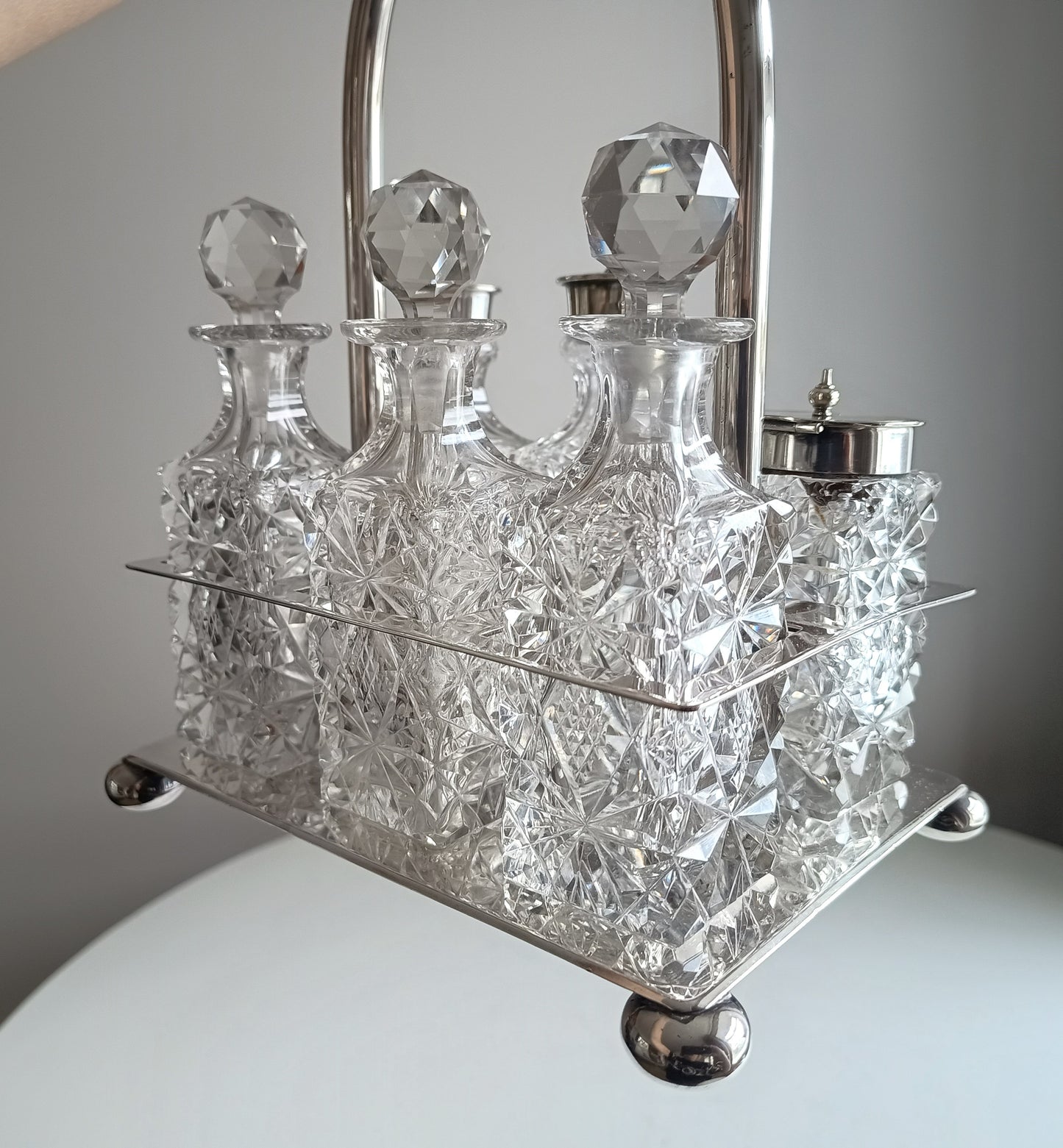 Victorian English Silver Plate Cruet Stand, Cut Glass Bottles Set: Briddon, Sheffield, 1880s